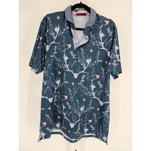 GREYSON MENS L LARGE POLO SHIRT REINDEER GAMES PRINT STORM BLUE PINK GOLF LOGO - Picture 1 of 5